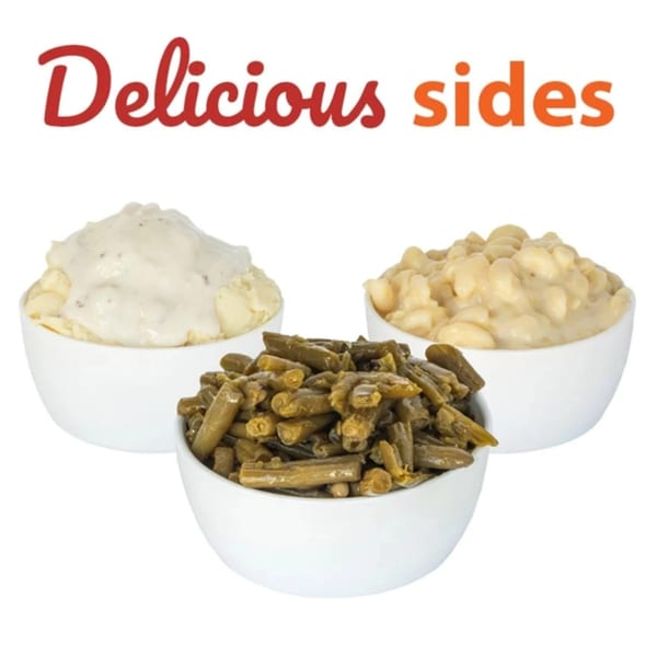 Three white bowls of Connie's Chicken sides: mashed potatoes, green beans, and macaroni and cheese.